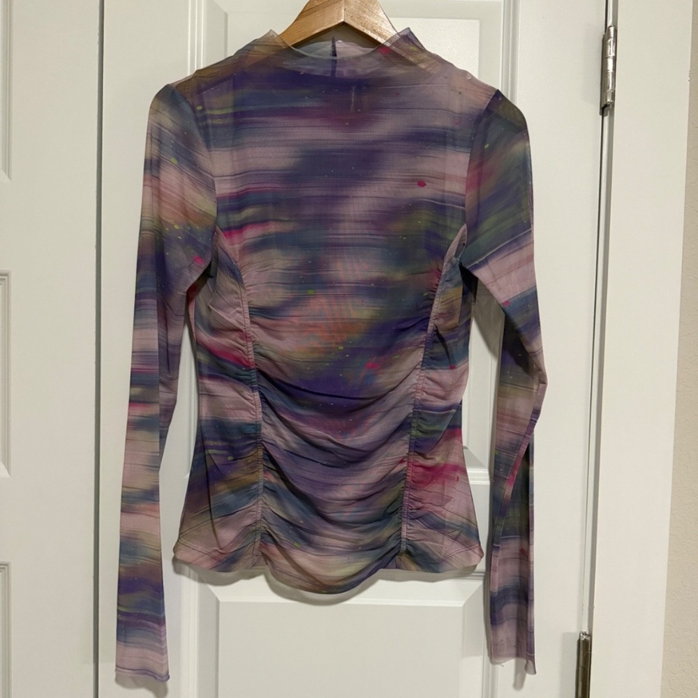Anthropologie Double-Layer Mesh Top Sheer Trendy Blouse Size Medium Purple Pink